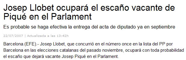 Josep Llobet ocupar&agrave; l'esc&oacute; vancat de Josep Piqu&eacute; al Parlament de Catalunya